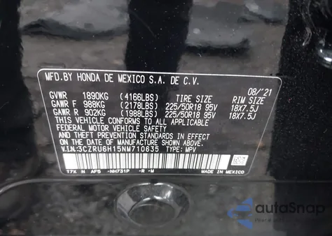 2022 Honda Hr-V Awd Sport z USA, uszkodzony, nr VIN 3CZRU6H15NM710635